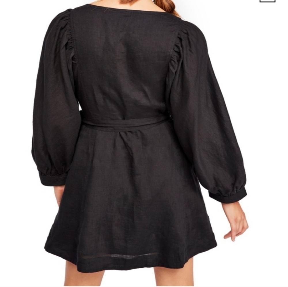 FREE PEOPLE Black Linen Carino Mini Wrap Dress Small Petite - Picture 2 of 14